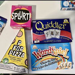 4 Card Game Sets: WordSpiel,   Splurt, Quiddler And P For Pizza!