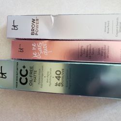 IT cosmetics 3 piece. Med Tan CC+ full coverage, Brow Power Universal Taupe,  Lip  Treatment  Your perfect Pink. All New