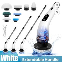 BIMZUC Electric Spin Scrubber, Cordless Cleaning Brush, 8 Replaceable Heads, Adjustable Handle, 400 RPM Power, for Bathroom, Kitchen, Floors, White