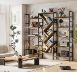 70x70”  5 Tier Book Shelf, Large Wooden Bookcase with 17 Open Display Shelf, Modern Tree Bookshelf Metal Frame Tall Book Case Furniture , Rustic Brown