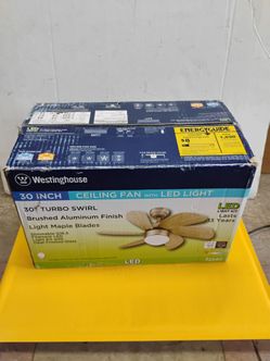 Westinghouse 30-Inch Turbo Swirl Ceiling Fan in a brushed aluminum finish with light maple blades.