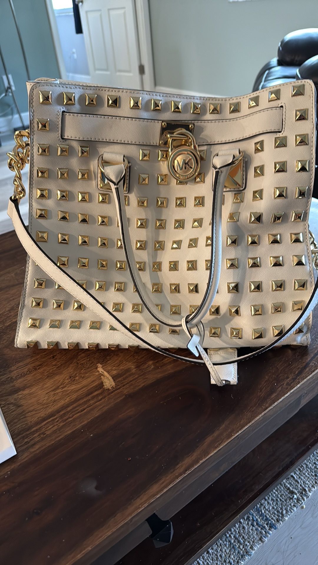 White Michael Kors Handbag. With Gold Studs