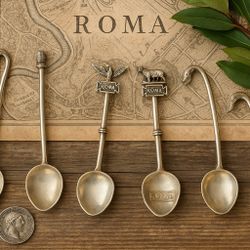 Italy 1950s Silverplate Souvenir Spoons Roman Art Animal Heads, Set of 5, 4”