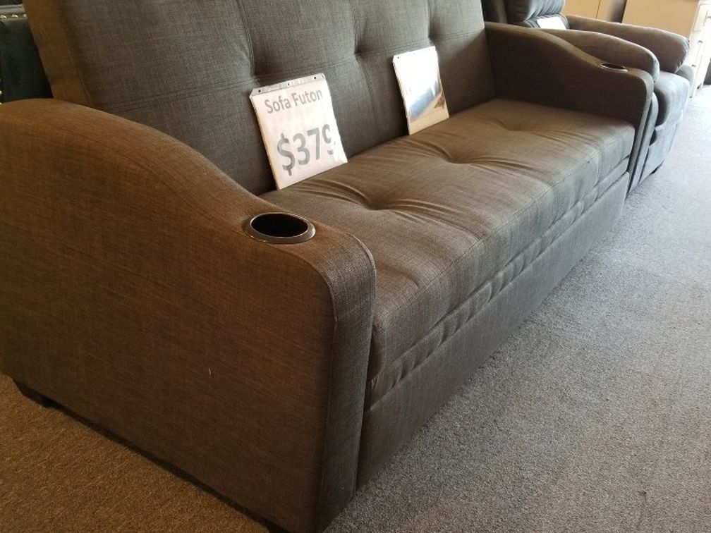 Brand New 84" Gray Fabric Sofa Futon With Cup Holders