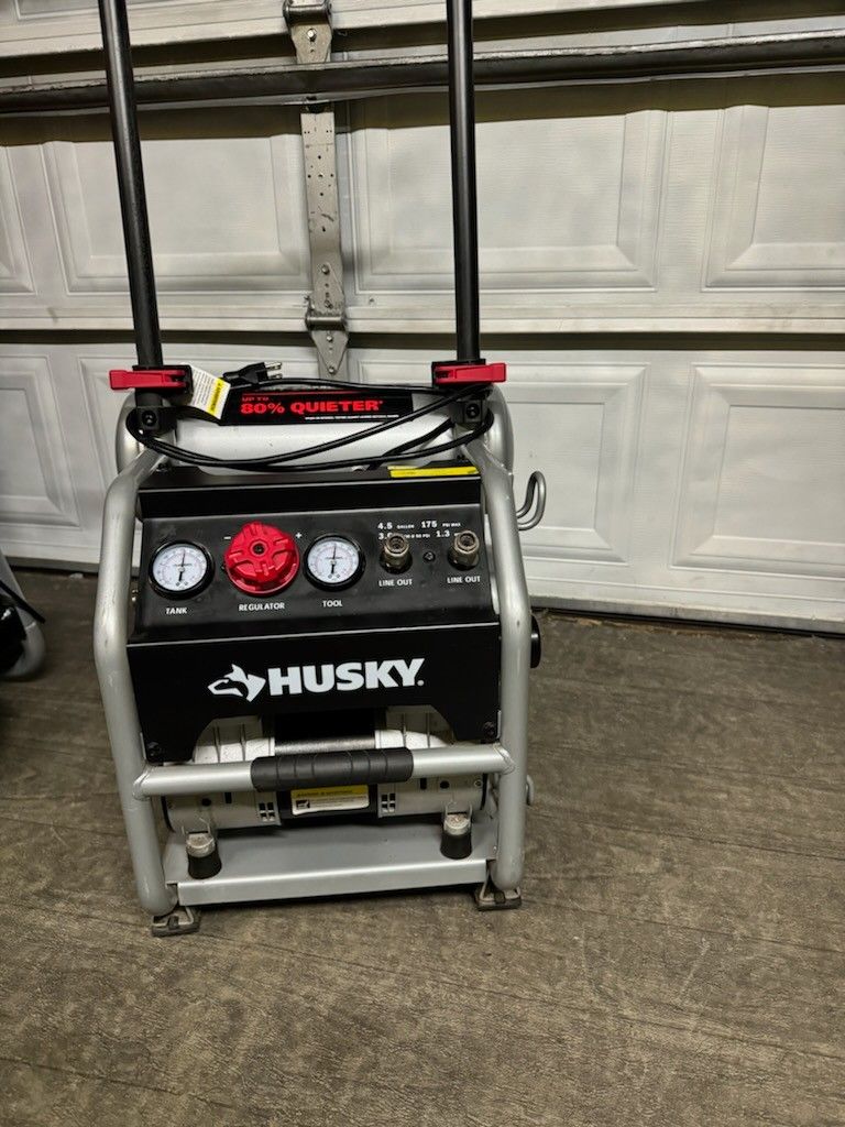 Husky 4.5 Gal. 175 PSI Portable Electric Oil-Free Quiet Twin Stack Jobsite Air Compressor w/Rubber Wheels and 2-Quick Couplers
