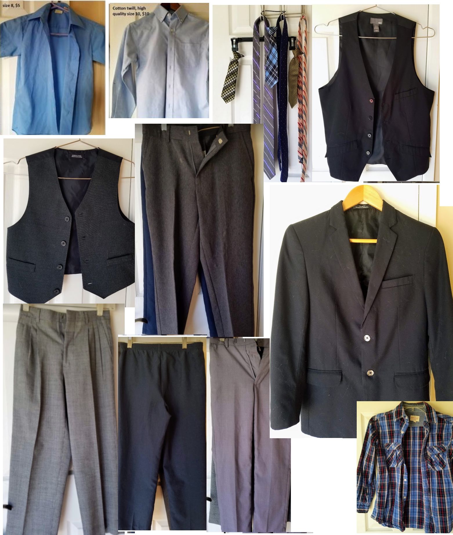 boy 7-16 men S/M/L pants, shorts, uniform khaki/beige, jackets, sweaters, hoodies, shirts, suit jacket/blazer, dress shirts, shoes, vests, neck ties