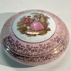 Beautiful Rare Limoges BARDET France Vanity Pink Trinket Dresser Dish with Lid 5” Inches Wide Courting Couple Pink & Gold 