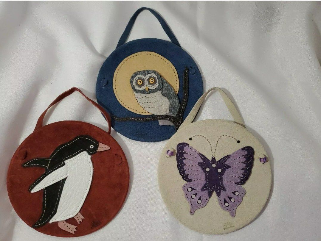 Leather Wall Art 6" each pinguin, butterfly owl  3 pcs  "A"