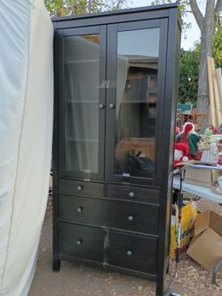 Black Wood Armoire with Glass Doors and Drawers