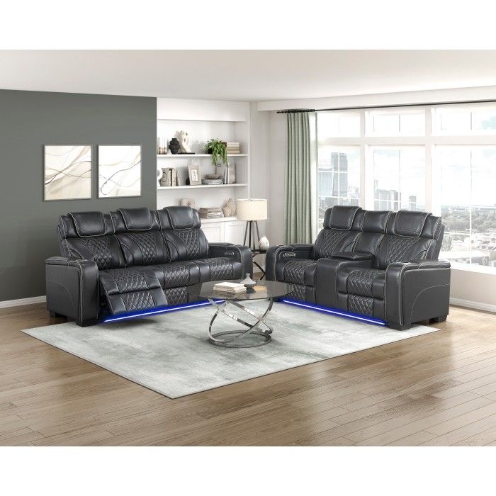 Brand New Black Real Leather Power Reclining Sofa + Loveseat With Center Drop-Down Cup Holders, Power Headrests, Storage Arms, LED, Massage