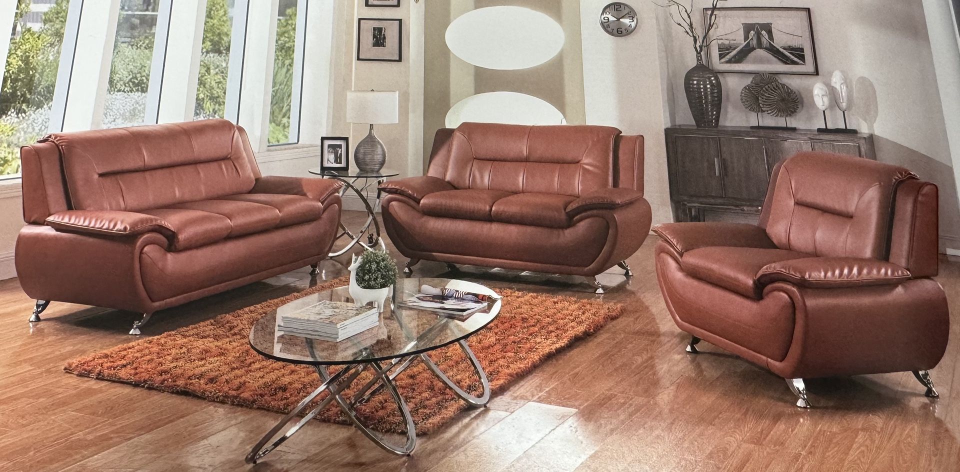 Modern Style Brown Leather Three Piece Couch Set