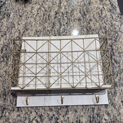 Wall Mail Organizer w/ Hooks & Gold Wire Basket – 13x15x5