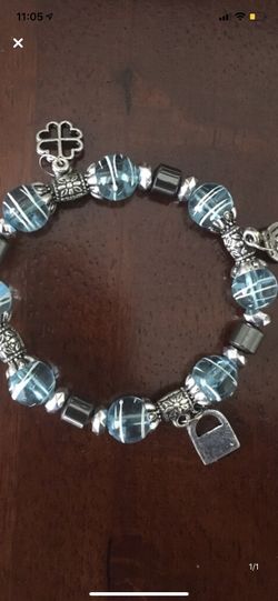Silver and blue beaded bracelet$15