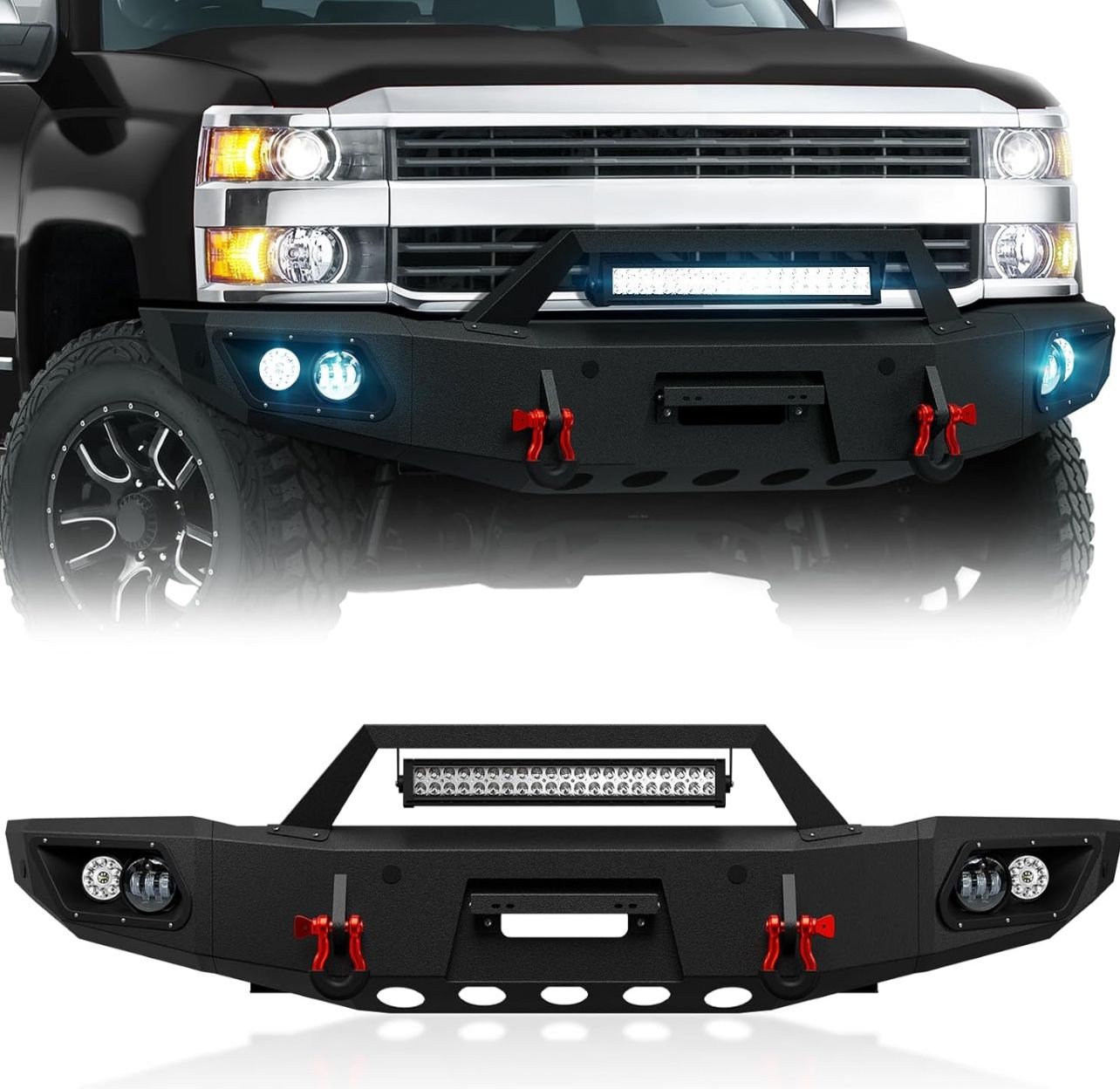 Pickup Truck Front Bumper Compatible with 2015-2019 Chevy Silverado 2 HD Off-Road Bumper Equipped with Winch Plate, Sensor Holes, 5 x LED Ligh