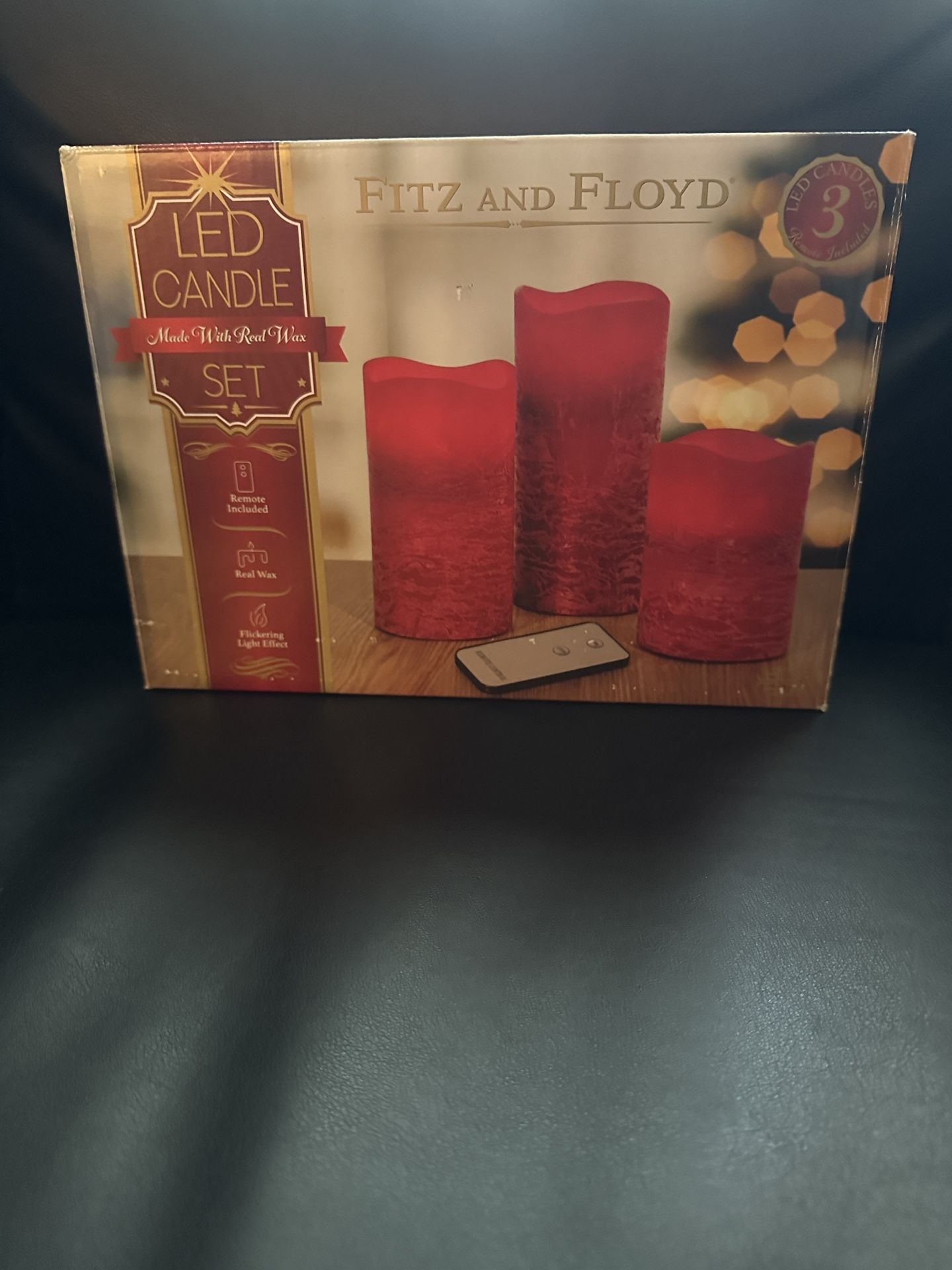 Fitz and Floyd LED FLameless LED 3 Piece Set Red Pillar Candle