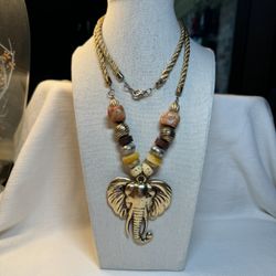 Large Gold Tone Metal Elephant Pendant, Wooden and Plastic Beaded Necklace