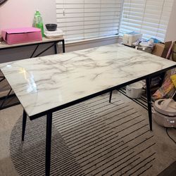 Modern Dining Table with Faux Marble Glass Top