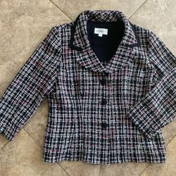 Studio 1 Womens Black Pink Tweed Woven Plaid Blazer Jacket Coat Size 16 XL