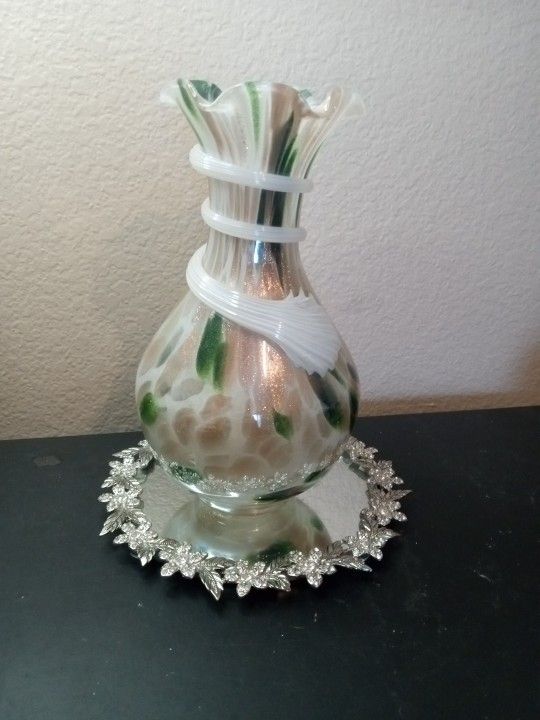 EXQUISITE Murano Italy Aventurine Art Glass 10" Vase w/ applied Rigaree
