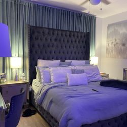 LUXURY King Bedroom Set (Velour Studded Bed Frame & Headboard, Dresser & 2-Glass Night Stands) $1700 