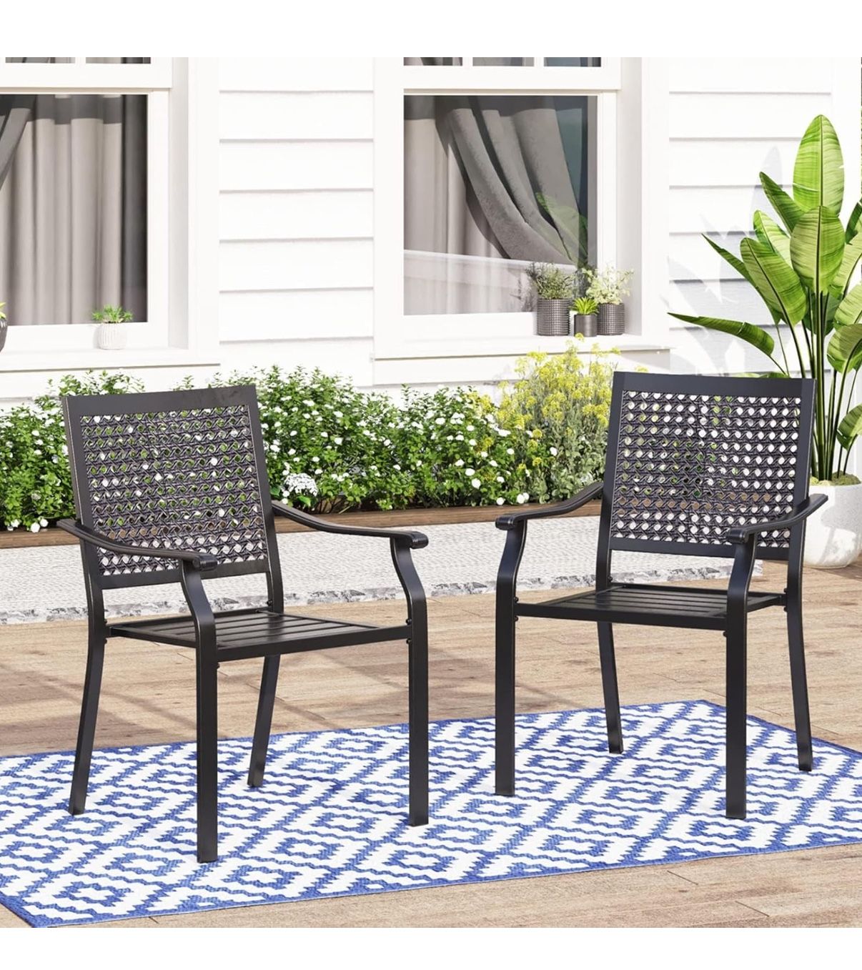 MFSTUDIO 2 Piece Black Patio Dining ChairsStackable Outdoor Metal Mesh Chairs with Armest for Garden Poolside Backyard Bistro Supports 350 lbs
