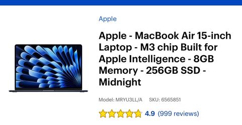Mac Book Air 15” Laptop M2 Chip Built For Apple Intelligence 8GB-256 SSD midnight