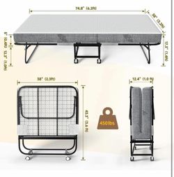New -Twin Folding Bed with Mattress, 75"x 38" Portable Foldable Bed for Adults,Fold Up Rollaway Bed for Guest, 5" Memory Foam Mattress & Super Strong 
