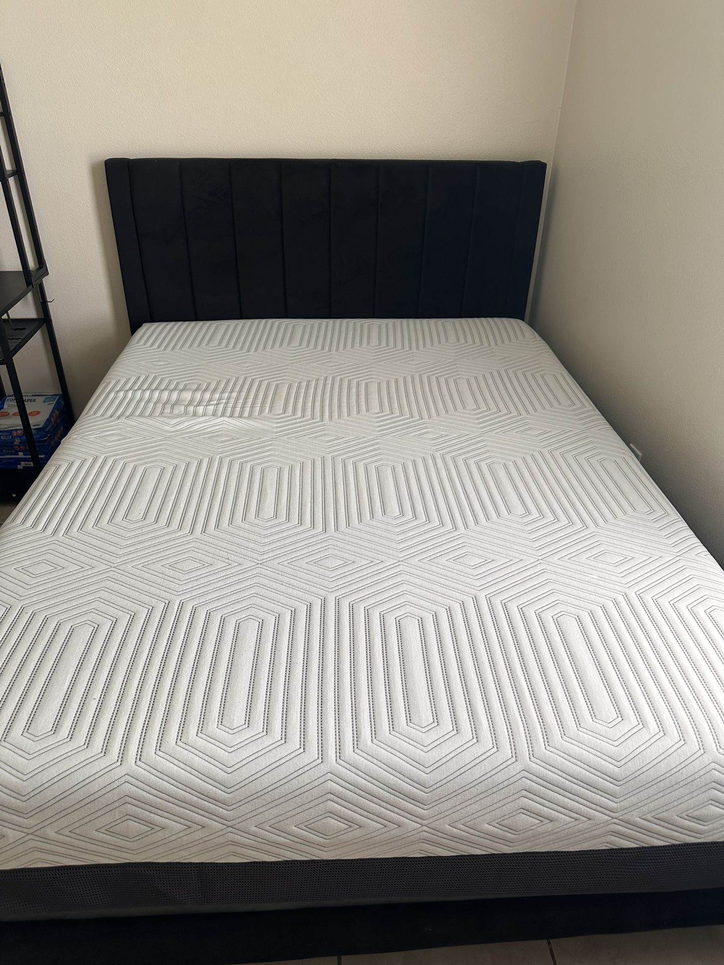 Black Queen Bed Frame with Wooden Slats and Mattress Included 