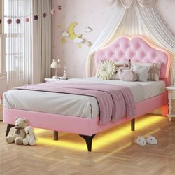 Twin Size Upholstered Bed Frame with LED Lights, Princess Platform Bed for Girls, Adjustable Headboard with Crystal Button, Solid Wood Slats Support, 