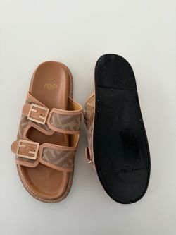 Fendi Men’s FF Monogram Logo Double Buckle Slide Sandals Beige Brown
