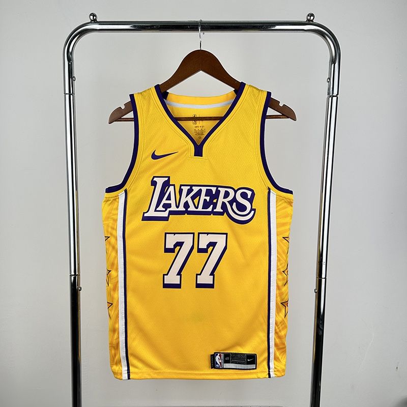 NBA Lakers V Neck Yellow #77 Doncic Jersey