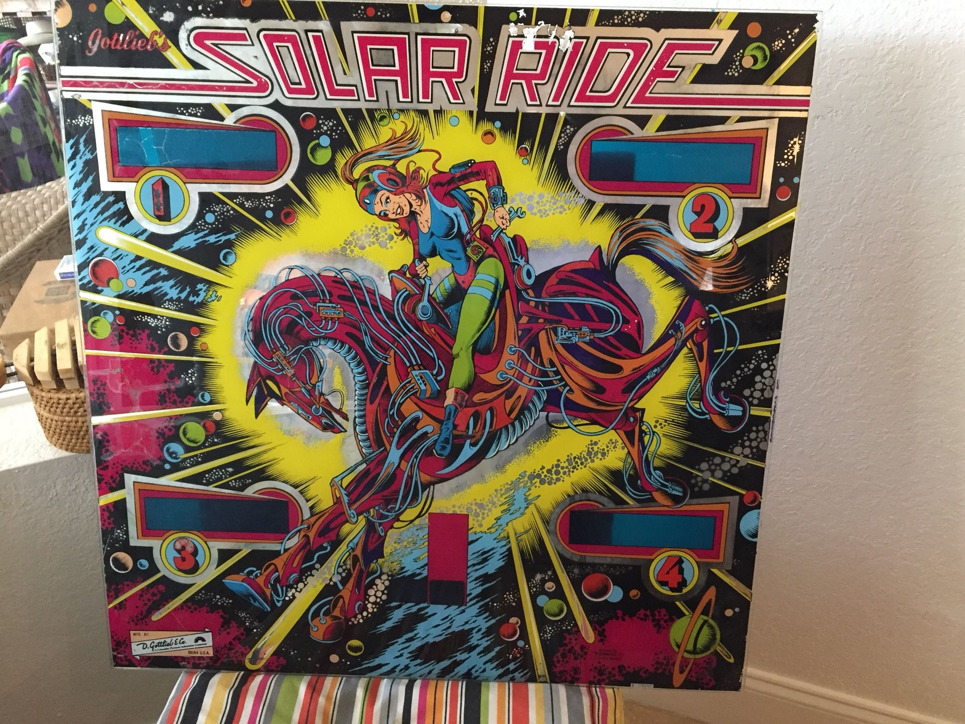 Vintage Gottlieb Pinball Machine/Arcade back glass/ Solar ride, 1978/ Wall Art
