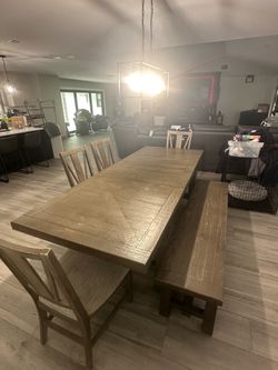 Grey Wood table W/ bench and chairs
