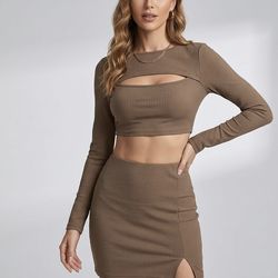 SHEIN Ribbed Cutout Crop Top and Mini Skirt Set in Brown