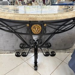 MAITLAND SMITH Demi Lune Half Moon Hall Foyer Console Table. Inlaid Tessellated Mosaic Marble. Heavy Black Wrought Iron 44” Wide X 32” Tall X 23” Deep