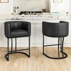 26 in.Modern Black Faux Leather Upholstered Counter Stool with Black Metal Frame Barrel Counter Bar Stool Set of 2