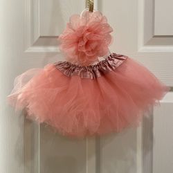 Baby Tutu Skirt & Flower Headband Set In Peach