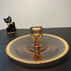 Vintage Italian 1950s Depression Amber Glass Keyhole Handle Sandwich Tidbit Tray