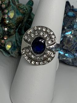 Oval Dark Blue Stone Surrounded In Bling Sz 7.25 & 7.5