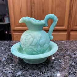 Vintage Avon Glass Green Teal Pitcher And Bowl Set.  Preowned 
