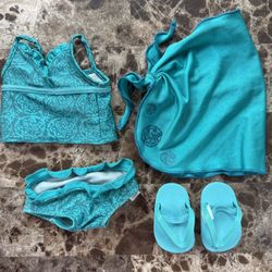 American Girl Doll Tankini & Sarong Teal Swim Bathing and Sandals 