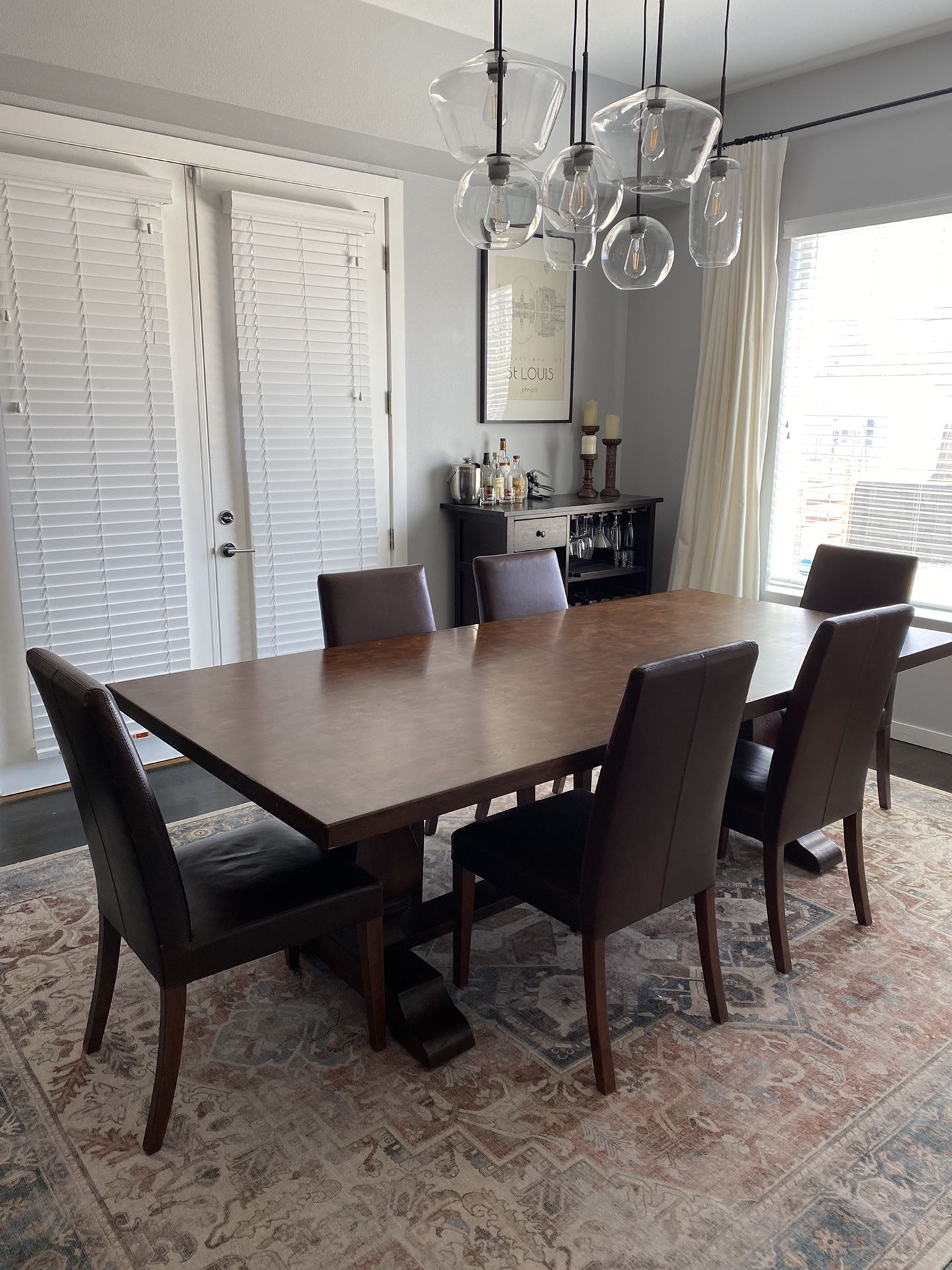 MUST SELL! Solid Trestle Dining Table With 6 Pottery Barn Chairs