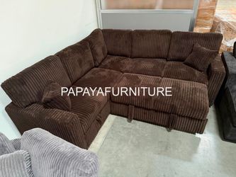 Dark Brown Chocolate Corduroy Fabric STORAGE Pullout Sleeper Bed Sectional couch Sofa Set We beat Bobs Discount Furniture Sofabed Pull out Living Room