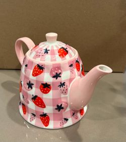 Ceramic Teapot Pink Gingham Strawberry Print