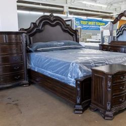 Sheffield Rich Brown Upholstered Panel Bedroom Set/Dresser,Mirror, NightStand, Bed, Chest// Queen And King Size Available//Mattress Sold Separately 