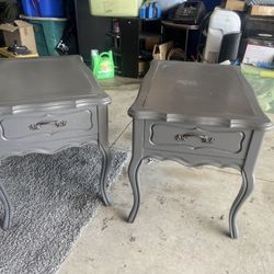SET OF SOLID WOOD GREY END TABLES WITH DRAWER