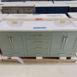 “72” Brand New Beautiful Bathroom Vanity in Green color, double sink, Soft Close Solid Wood, 6 drawers and 4 doors with Top in White  $1099