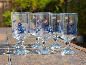 Vintage Blue & Pink Floral Stemmed Water Goblets / Wine Glasses – Set of 6