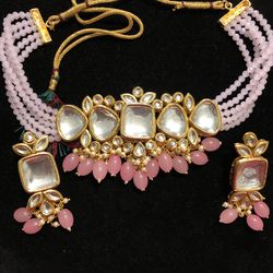 Kundan Choker Necklace Indian Bollywood Pakistani Jewellery Navy Royal Blue Jewery Set  Pearls Baby Pink
