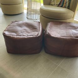 Pair Of Cognac Heavy Leather Ottomans Poufs